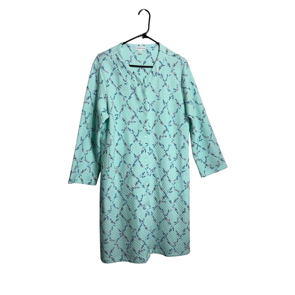 Miss Elaine Womens Mint Green Quilted Floral Snap Front Robe Housecoat Large